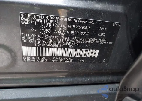 2019 Toyota Rav4 Le из США, поврежденный, VIN 2T3K1RFV6KW026050